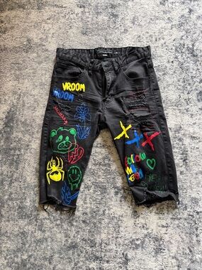 Black Painted Graffiti Jean Shorts for Men
